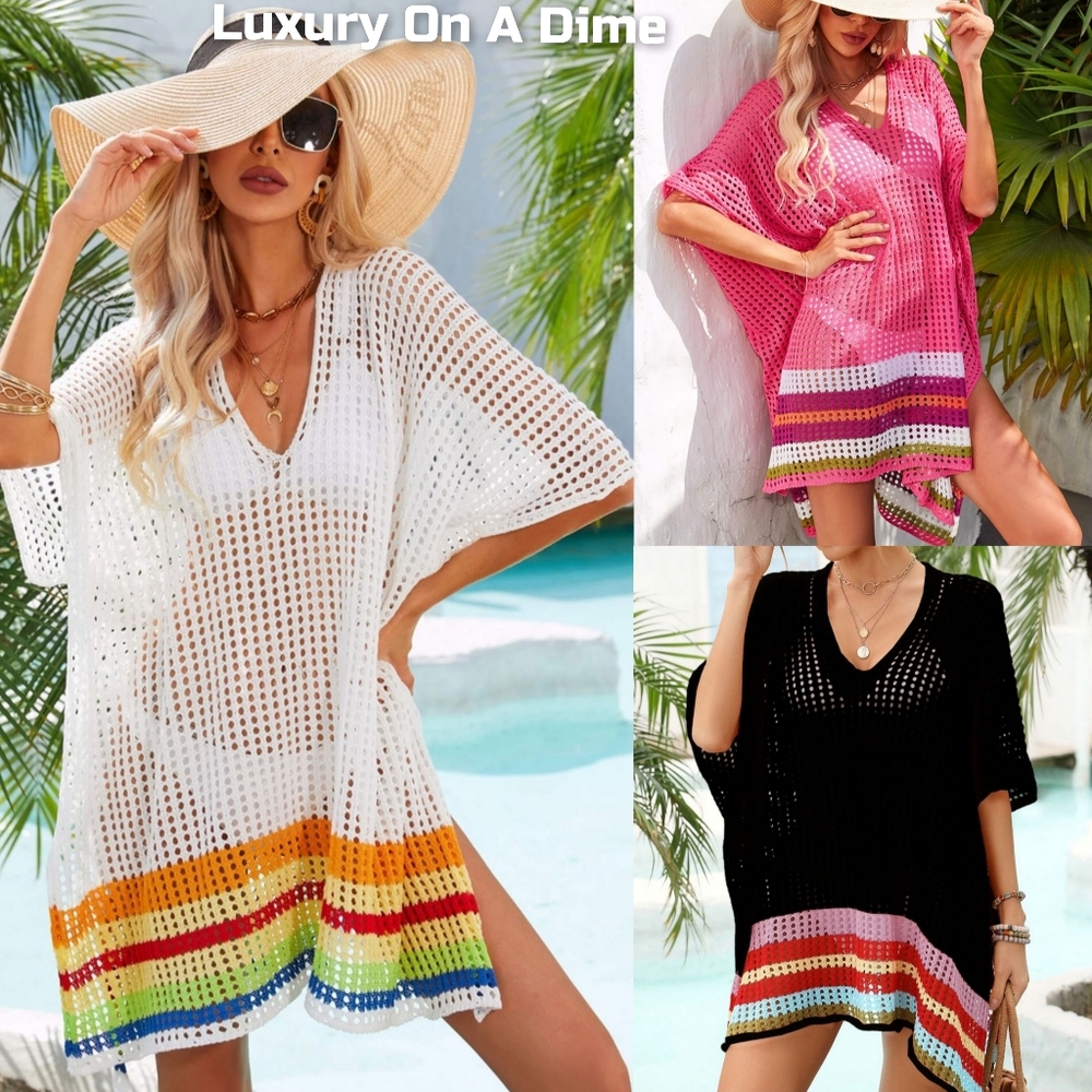 Colorful Retro Stripe Openwork Slit Oversized Cover-Up Shirt Rainbow Color-block